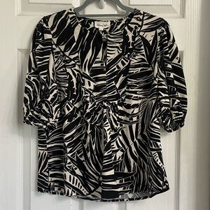 Panama Jack Women's Black and White Linen Blend Blouse Medium Tropical Vacation